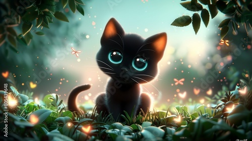 A digital art piece of a black cat sitting alertly in a meadow at twilight, with fireflies illuminating the area around it. AI generated photo