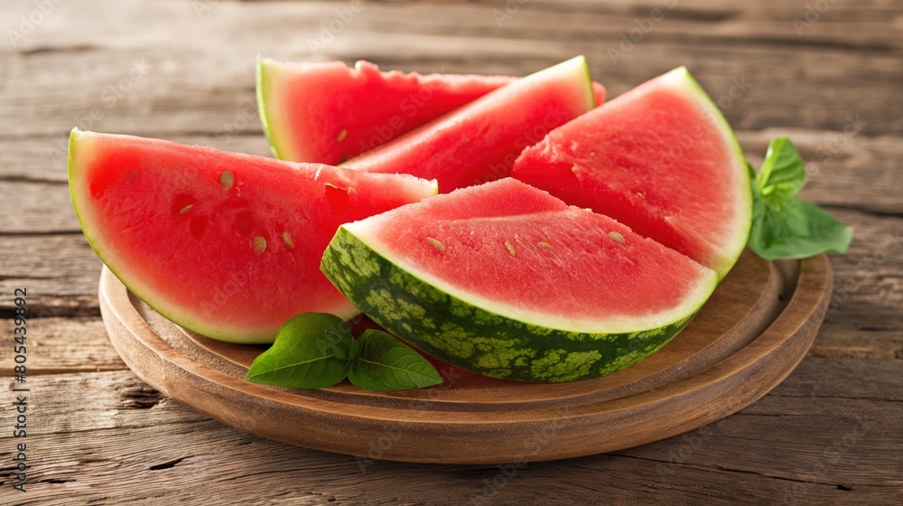 Fresh watermelon slices arranged on a rustic wooden plate Fresh watermelon slices arranged on a rustic wooden plate
