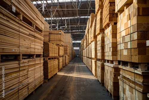Wallpaper Mural Long rows of packed wooden planks lie in a commercial warehouse Torontodigital.ca
