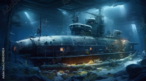 Arctic exploration with submarine, sharp focus, intricate, diorama, omunious atmosphere,detailed illustration, beautiful color palette.