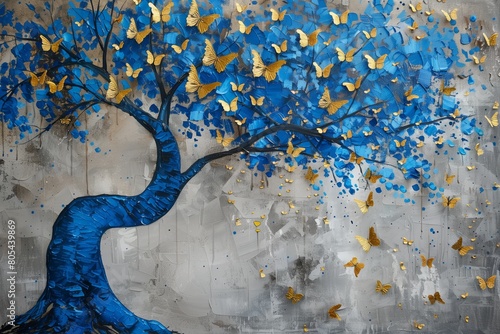 A hand-painted abstract artwork featuring a vivid blue tree with branches sprawling across a canvas, adorned with golden butterflies fluttering around. AI generated