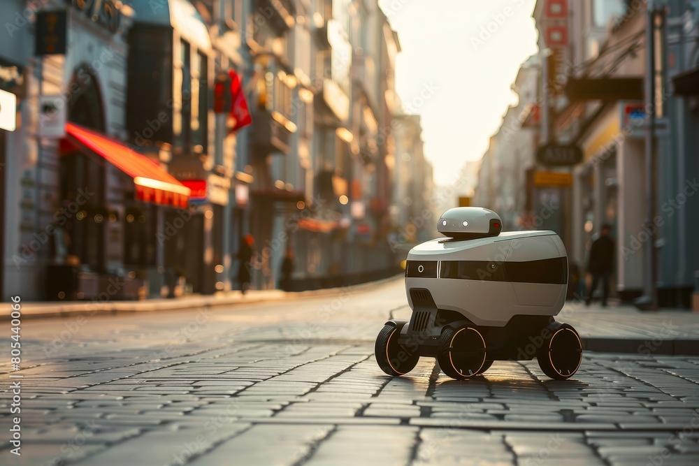 An unmanned delivery robot drives down a city street
