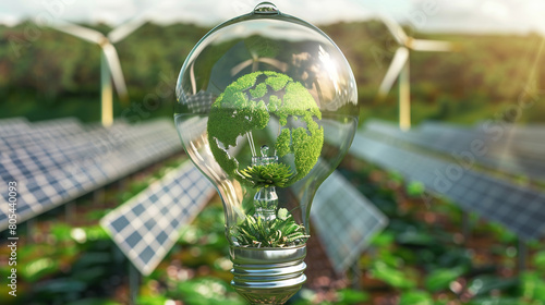 A transparent light bulb containing a three-dimensional, lush green globe, highlighted against a background of renewable energy sources like solar panels 