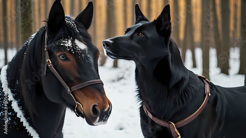 Ein Fuchsfarbenes pferd und ein schwarzer Hund in einem verschneiten Wald photo