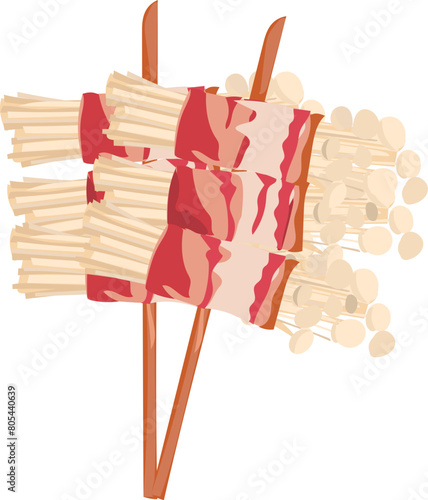 Bacon wrapped mushroom skewer illustration on transparent background.

