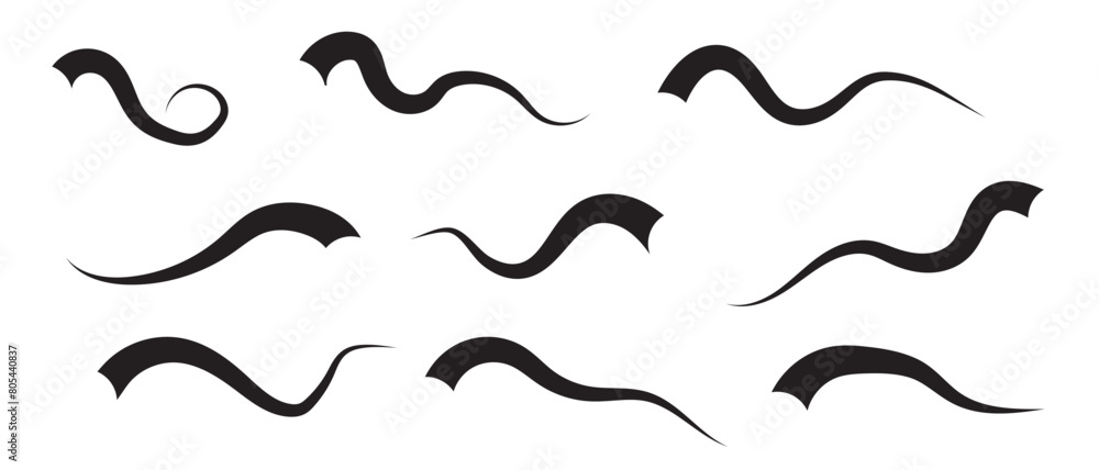 Swoop and swish black vector line on white background. Swoop and swish with swirl tail. vector illustration. Swoop and swish black vector line on white background. Swoop and swish with swirl tail. vector illustration.