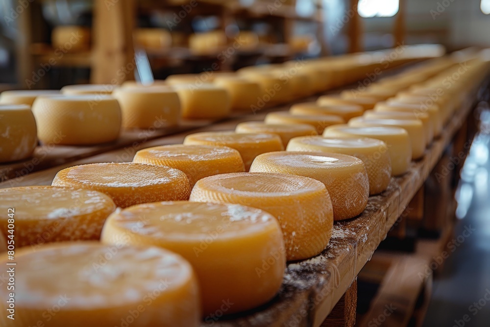 Rows of artisanal cheese wheels on wooden shelves during the aging process inside a cheese-making factory Rows of artisanal cheese wheels on wooden shelves during the aging process inside a cheese-making factory