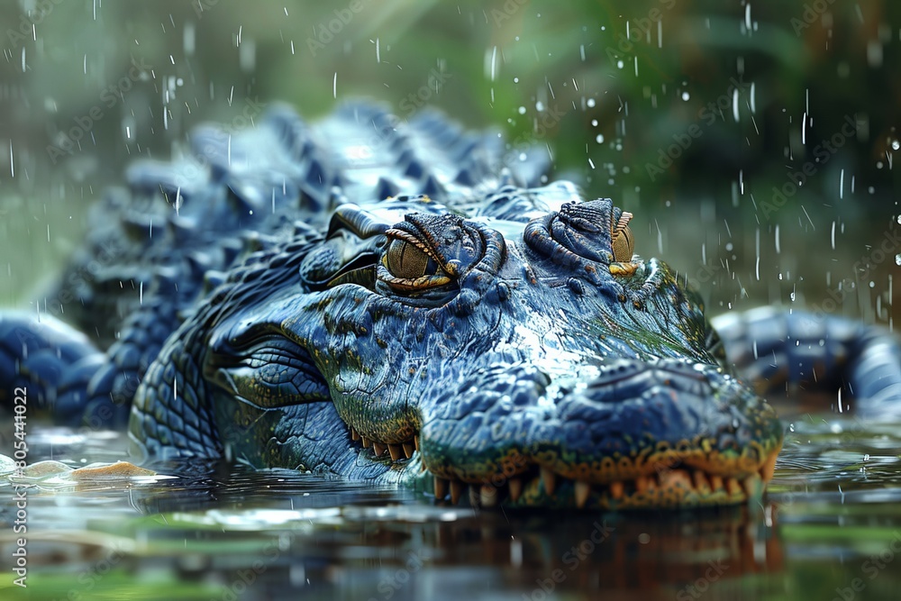 Fototapeta premium A realistic portrayal of a crocodile half-submerged in water under rain, emphasizing its textured scales
