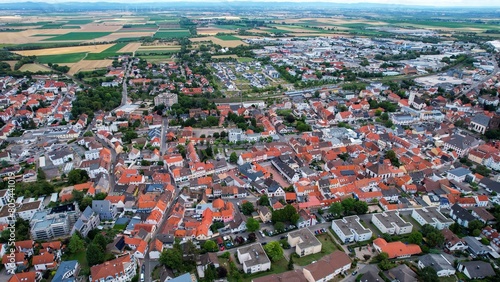 Aerial view of the city Grünstadt in spring on a sunny day