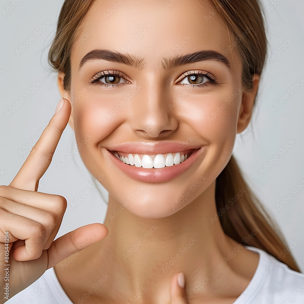 Empower yourself with the knowledge of healthy gums as demonstrated by a woman confidently pointing to hers Empower yourself with the knowledge of healthy gums as demonstrated by a woman confidently pointing to hers