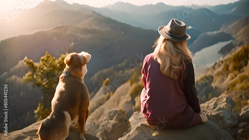 Woman Sitting on Mountain With Dog Generative AI photo