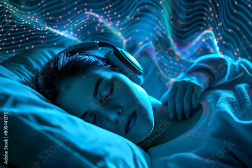A woman sleeping with headphones, her head resting against a pillow that emits a soft blue glow. AI generated