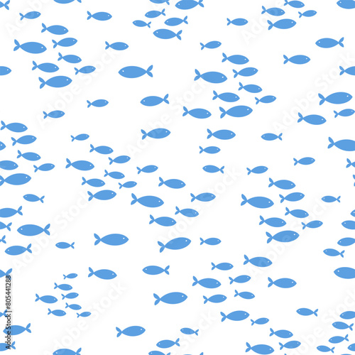 Seamless vector repeat pattern with tiny blue fish schools groups swimming on white background. Coastal, swim, poolside, tropical backdrop with ditsy blue fish