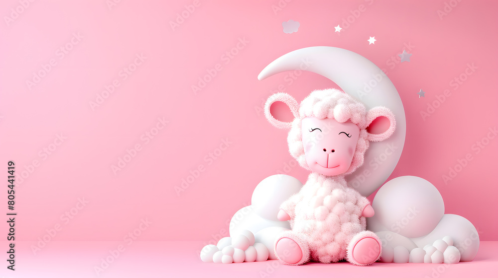 Cute sheep with crescent moon and cloud decoration on pink pastel background Cute sheep with crescent moon and cloud decoration on pink pastel background