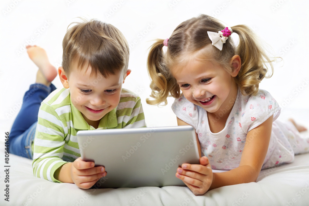 Joyful young boy and girl with digital tablet smiling and learning together, isolated on a white background, depicting early childhood education and technology. Joyful young boy and girl with digital tablet smiling and learning together, isolated on a white background, depicting early childhood education and technology.