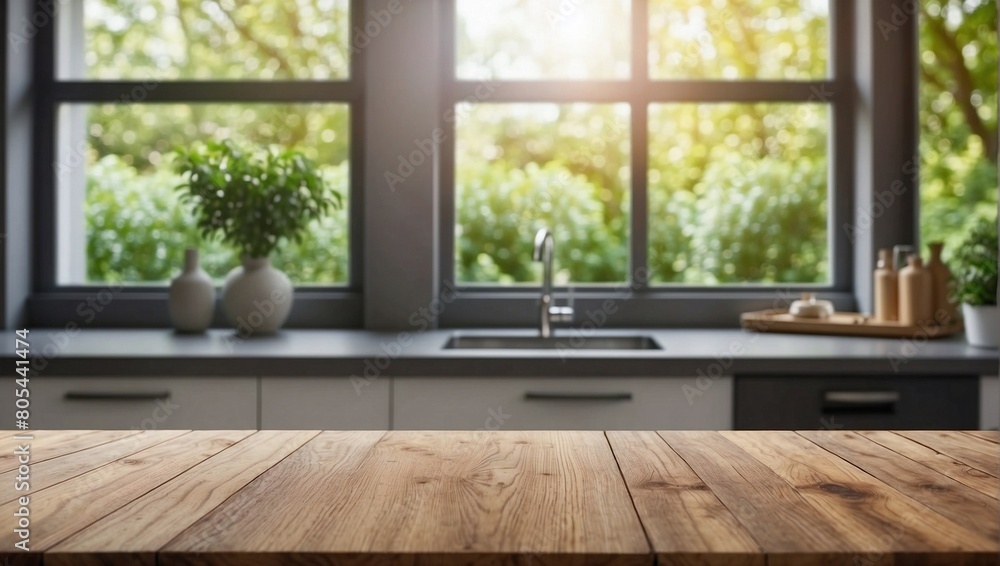 Empty beautiful wood table top counter and blur bokeh modern kitchen interior background in clean and bright,Banner, Ready for product montage Empty beautiful wood table top counter and blur bokeh modern kitchen interior background in clean and bright,Banner, Ready for product montage