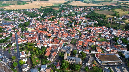 Aerial view of the old town of Bad Sobernheim in Germany on a sunny day in spring 