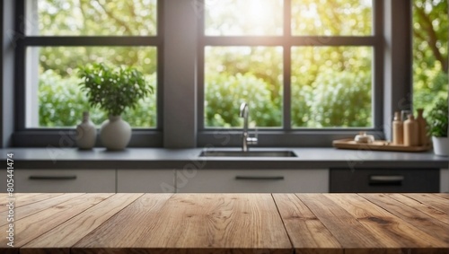 Empty beautiful wood table top counter and blur bokeh modern kitchen interior background in clean and bright Banner  Ready for product montage