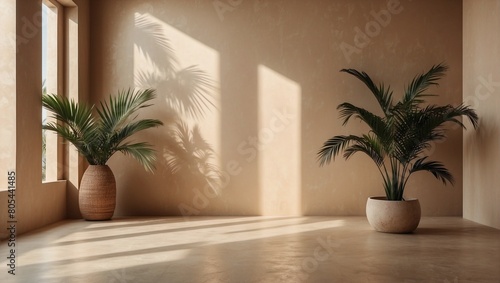A room with a potted palm tree. Aesthetic interior of luxurious summer architecture. Boho home room for product platform scene mockup.
