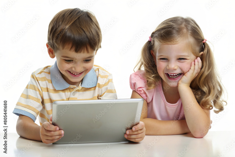 Joyful young boy and girl with digital tablet smiling and learning together, isolated on a white background, depicting early childhood education and technology. Joyful young boy and girl with digital tablet smiling and learning together, isolated on a white background, depicting early childhood education and technology.