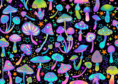 Magic mushrooms and stars seamless pattern. Psychedelic hallucination. 60s hippie colorful art. Vintage psychedelic textile, fabric, wrapping, wallpaper. Vector repeating illustration.