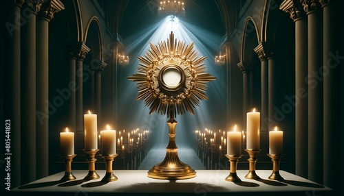 Corpus christi background with a golden sunburst monstrance in the church. photo