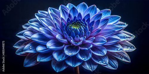 Striking image features a close-up view of a vivid blue chrysanthemum bloom against a dark backdrop  perfect for design projects and floral themes. Raindrops on the petals.