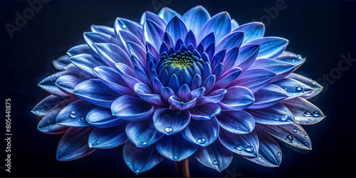 Striking image features a close-up view of a vivid blue chrysanthemum bloom against a dark backdrop, perfect for design projects and floral themes. Raindrops on the petals.