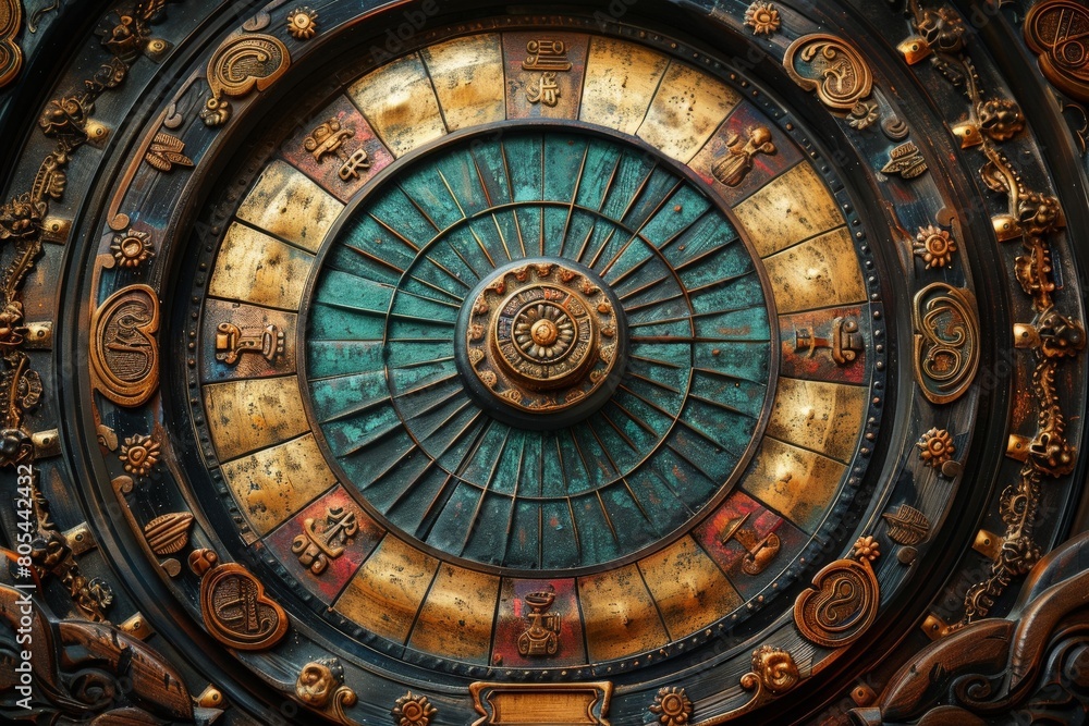 Intricate astrological design engraved on an ancient disc, showing symbols and scripts suggesting mystery and history Intricate astrological design engraved on an ancient disc, showing symbols and scripts suggesting mystery and history