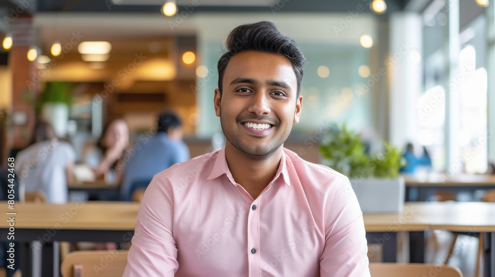 Fototapeta premium Smiling face of corporate employee on blur office background