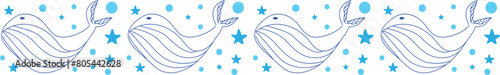 Cute whale line border on transparent background.
