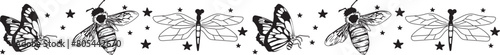 Black butterfly line border on transparent background. 