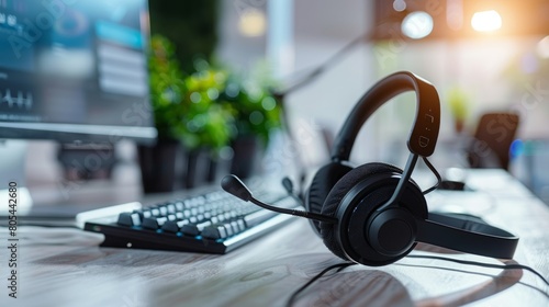 Headphone sitting on the table by the keyboard in the empty rooom. Call Center Headset © Lifia