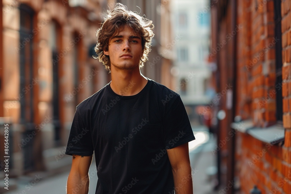 Young male model in black t-shirt on street in daylight, shirt mockup template, generative AI Young male model in black t-shirt on street in daylight, shirt mockup template, generative AI