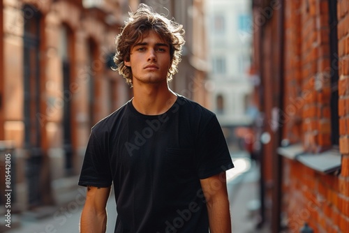 Young male model in black t-shirt on street in daylight, shirt mockup template, generative AI