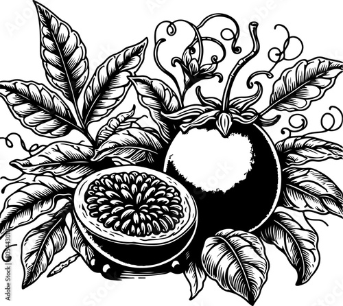 Passion fruit black outline illustration. Coloring book.