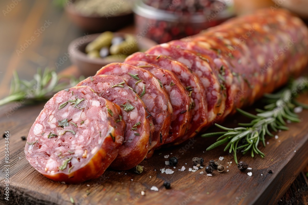 A detailed close-up of a delicious display of artisan cured sausages, highlighting the textures and seasonings A detailed close-up of a delicious display of artisan cured sausages, highlighting the textures and seasonings