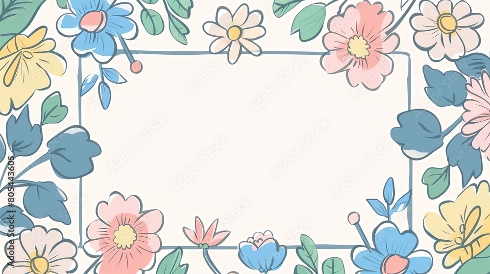 flower meadow field with copy space cute cartoonish page print border design, with blank empty space for mock up message background