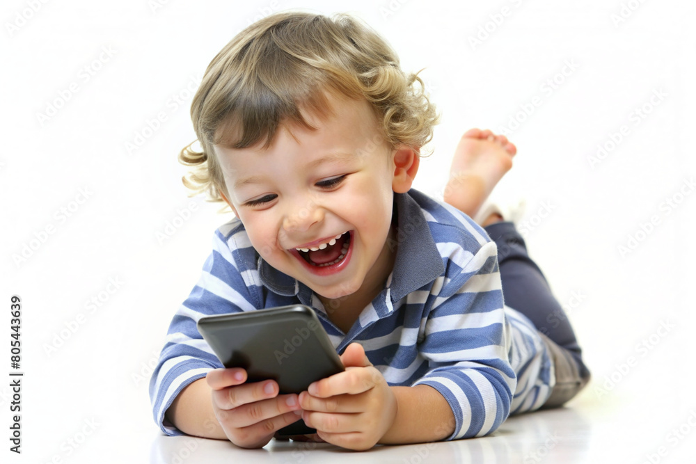 happy boy watching cartoons on his phone. a child lying down and playing games on his phone. happy child on isolated white background. A child playing on a cell phone happy boy watching cartoons on his phone. a child lying down and playing games on his phone. happy child on isolated white background. A child playing on a cell phone