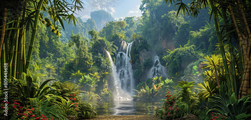 A sweeping view of a jungle waterfall in Saraburi  framed by towering bamboo and exotic plants. The scene captures the essence of a tropical paradise  hidden away from the world