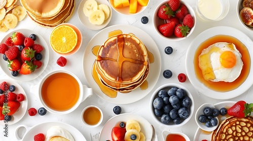 Wholesome breakfast spread featuring pancakes  fruits  and syrup  arranged attractively on a white surface.