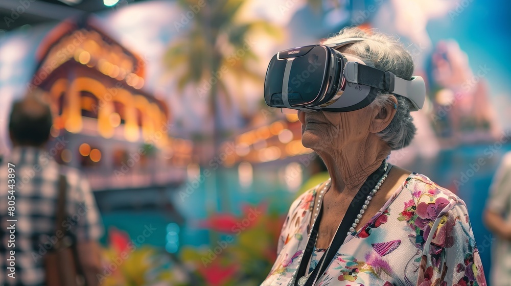 Senior person wearing a virtual reality (VR) Senior person wearing a virtual reality (VR)
