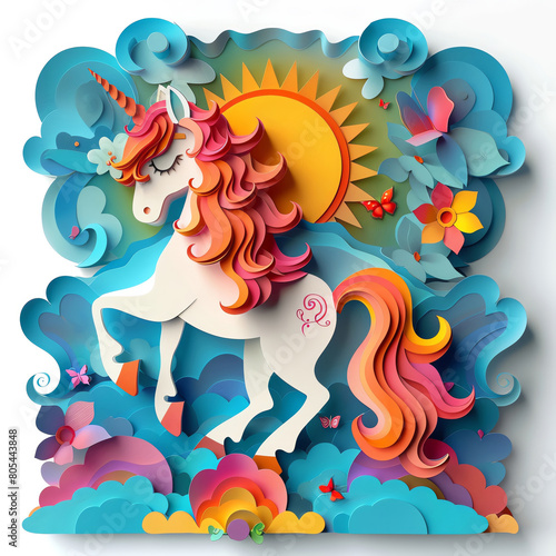 A charming unicorn in papercut style, positioned against an isolated white background 