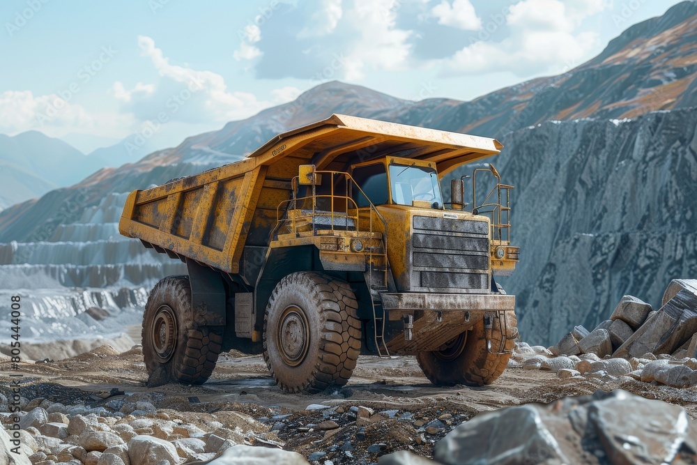 A huge mining dump truck stands in the middle of a quarry against the background of developments A huge mining dump truck stands in the middle of a quarry against the background of developments