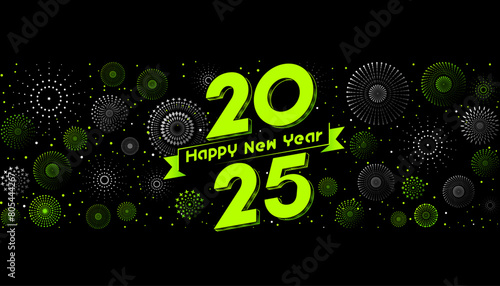 Happy New Year 2025 design with typography number on fireworks background.