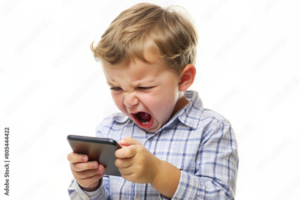 A young child expressing displeasure while looking at a smartphone screen. A young child expressing displeasure while looking at a smartphone screen.