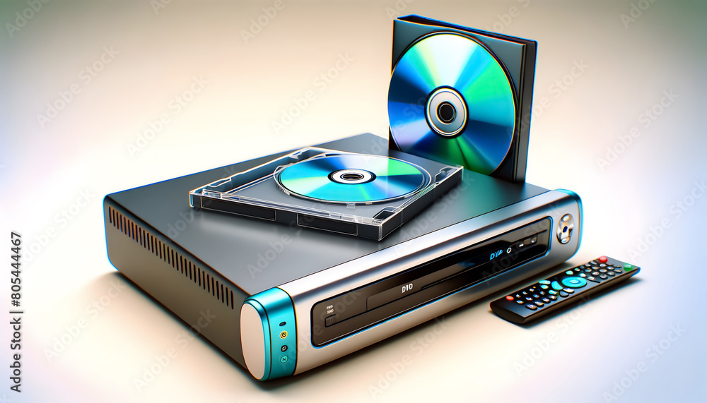 Modern DVD player with sleek metallic design, DVD player with DVD disc and case - Entertainment concept, Sleek metallic DVD player with partially inserted disc Modern DVD player with sleek metallic design, DVD player with DVD disc and case - Entertainment concept, Sleek metallic DVD player with partially inserted disc