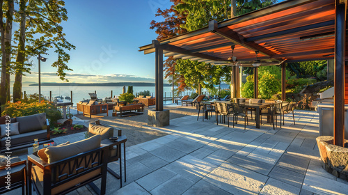 A sun-drenched patio with expansive views of Puget Sound, designed for entertainment, featuring a state-of-the-art outdoor audio system,  photo