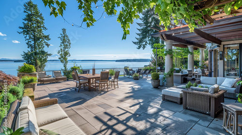 A sun-drenched patio with expansive views of Puget Sound, designed for entertainment, featuring a state-of-the-art outdoor audio system,  © Image Studio