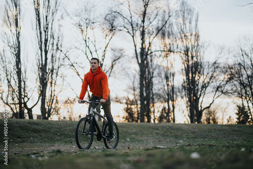 A young man with a bicycle enjoying his free time during the weekend, promoting a healthy lifestyle in an urban park setting.